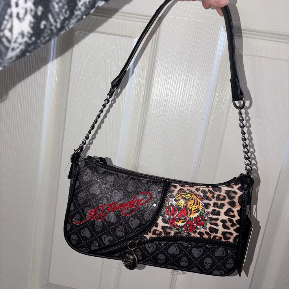 Ed Hardy Black Skull and Leopard Shoulder Bag